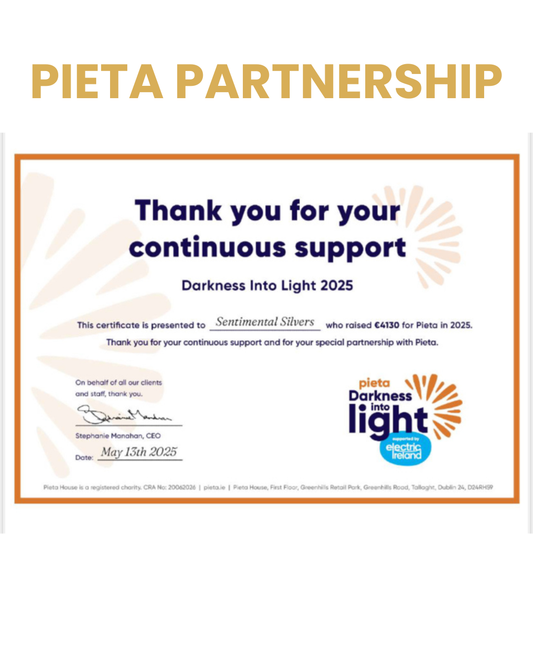 Certificate of appreciation from Pieta Partnership for continuous support, with a white background.